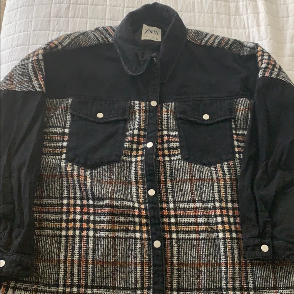 Zara Black Denim + Flannel Jacket